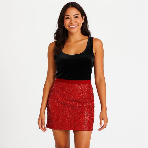 Band Of The Free Red Sequin Mini Skirt Sparkle Party Holiday Clubwear NWT L - Picture 5 of 11